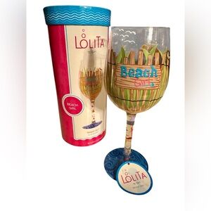 Lolita Beach Girl Hand-Painted Multicolor Wine Glass with Blue Base